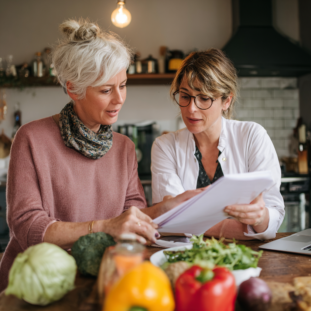 middle-aged woman reviewing personalized meal plan with nutritionist